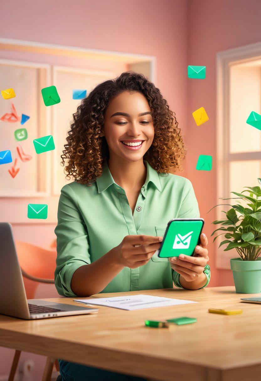 An illustration of a joyful person receiving a secure email verification on their smartphone, surrounded by colorful digital elements symbolizing trust and security, such as green checkmarks and locks. The background features a serene and welcoming home office setup with soft lighting, reflecting a positive digital experience. 3D. vibrant colors.