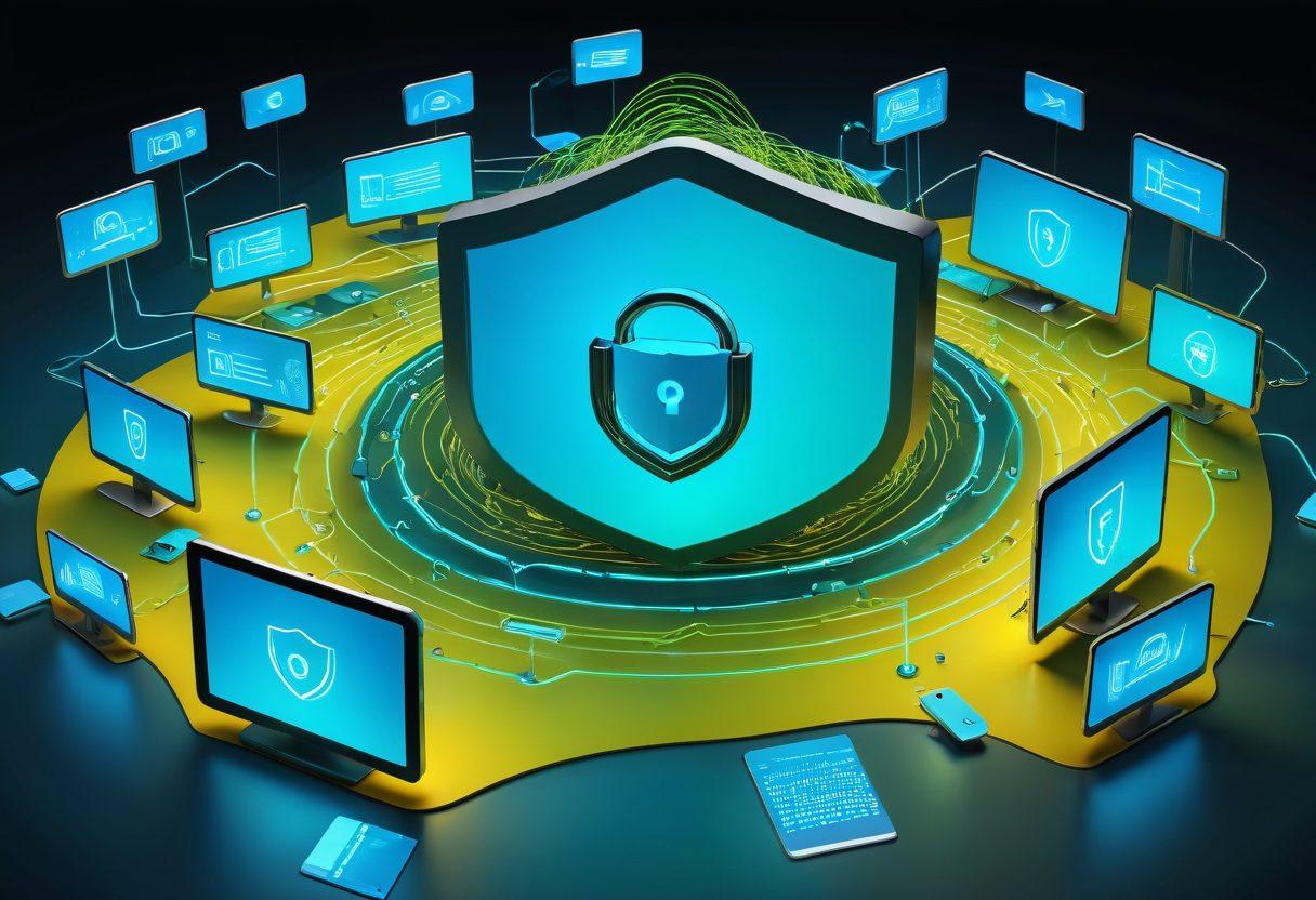 A futuristic digital landscape showcasing a secure online environment, featuring smiling users interacting joyfully on various devices. Include visual elements like shields, locks, and codes representing encryption and security, with a vibrant color palette symbolizing positivity and satisfaction. The scene should radiate a sense of safety and joy in digital interactions. super-realistic. vibrant colors. 3D.